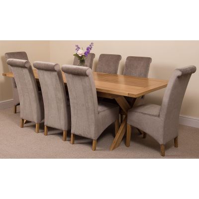 Vermont Cross Leg Oak Extending Dining Table with 8 Montana Grey Fabric Dining Chairs