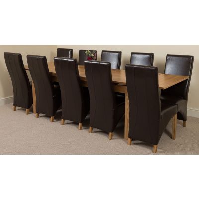 Richmond Large Oak Extending Dining Table with 10 Lola Brown Leather Dining Chairs
