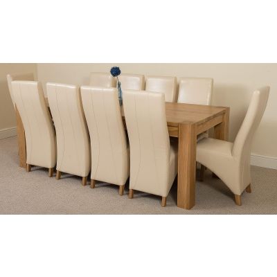 Kuba Extra Large Oak Dining Table with 10 Lola Ivory Leather Chairs