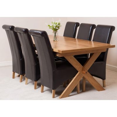 Vermont Cross Leg Oak Extending Dining Table with 6 Montana Brown Leather Dining Chairs