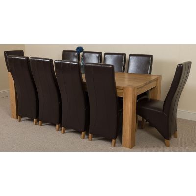 Kuba Extra Large Oak Dining Table with 10 Lola Brown Leather Chairs