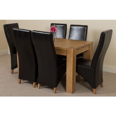 Kuba Small Oak Dining Table with 6 Black Lola Leather Chairs