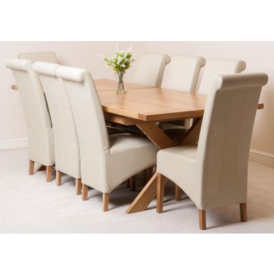 Vermont Cross Leg Oak Extending Dining Table with 8 Montana Ivory Leather Dining Chairs