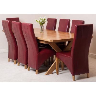 Vermont Cross Leg Oak Extending Dining Table with 8 Lola Burgundy Leather Dining Chairs