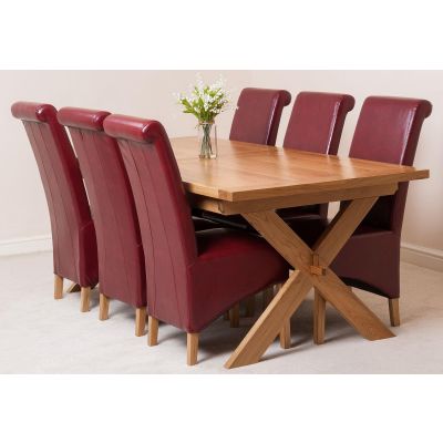 Vermont Cross Leg Oak Extending Dining Table with 6 Montana Burgundy Leather Dining Chairs