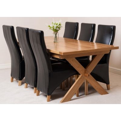 Vermont Cross Leg Oak Extending Dining Table with 6 Lola Black Leather Dining Chairs