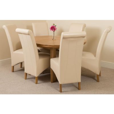 Edmonton Round Extendable Oak Dining Set with 6 Montana Ivory Leather Chairs