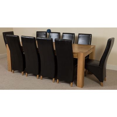 Kuba Extra Large Oak Dining Table with 10 Lola Black Leather Chairs