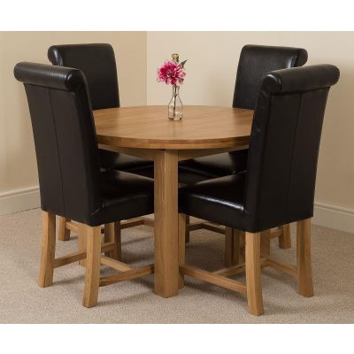 Edmonton Round Extendable Oak Dining Set with 4 Washington Black Leather Chairs