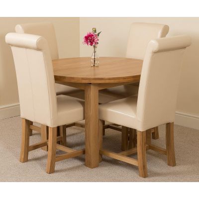 Edmonton Round Extendable Oak Dining Set with 4 Washington Ivory Leather Chairs