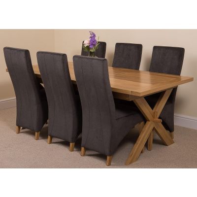 Vermont Cross Leg Oak Extending Dining Table with 6 Lola Black Fabric Chairs