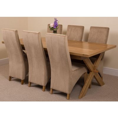 Vermont Cross Leg Oak Extending Dining Table with 6 Lola Beige Fabric Dining Chairs