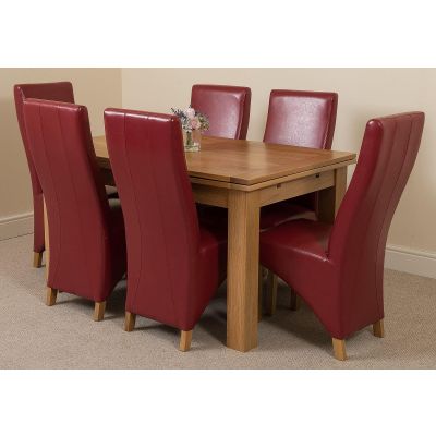 Richmond Medium Oak Extendable Dining Table with 6 Lola Burgundy Leather Dining Chairs