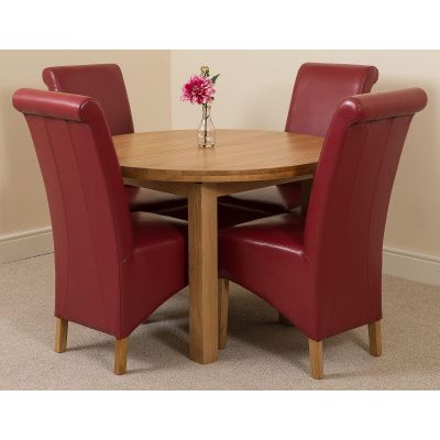 Edmonton Round Extendable Oak Dining Set with 4 Montana Burgundy Leather Chairs