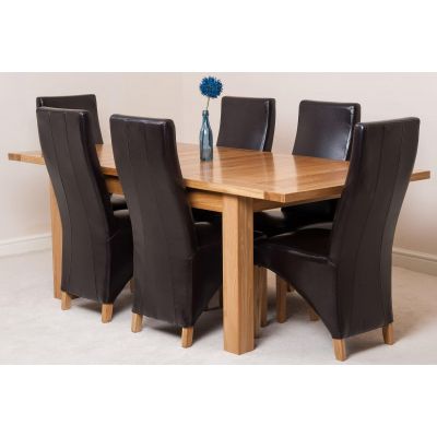 Seattle Oak Extending Dining Table and 6 Lola Brown Leather Dining Chairs