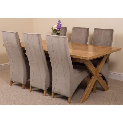 Vermont Cross Leg Oak Extending Dining Table with 6 Lola Grey Fabric Dining Chairs