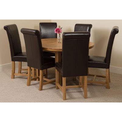 Edmonton Round Extendable Oak Dining Set with 6 Washington Brown Leather Chairs