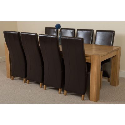 Kuba Extra Large Oak Dining Table with 8 Lola Brown Leather Chairs
