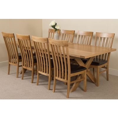Vermont Cross Leg Oak Extending Dining Table with 8 Harvard Oak Dining Chairs