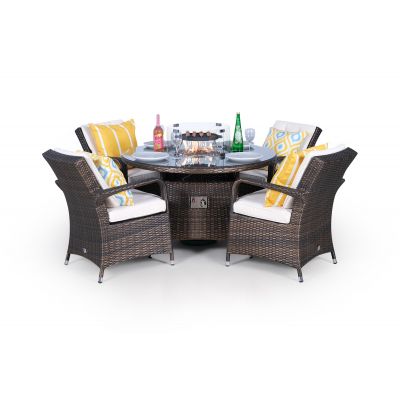 Arizona Fire Pit 4 Seater Round Rattan Dining Set - Brown