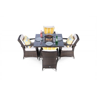 Arizona Fire Pit 4 Seater Square Rattan Dining Set - Brown