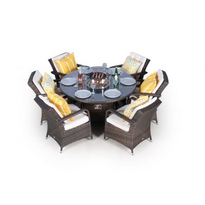 Arizona Fire Pit 6 Seater Round Rattan Dining Set - Brown