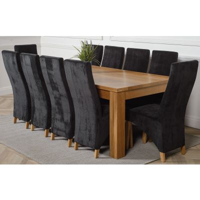 Dakota Extra Large Oak Dining Table with 10 Lola Black Fabric Chairs