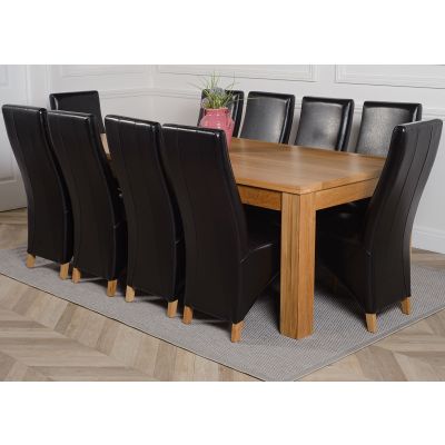 Dakota Extra Large Oak Dining Table with 10 Lola Black Leather Chairs