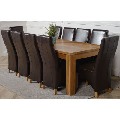 Dakota Extra Large Oak Dining Table with 10 Lola Brown Leather Chairs