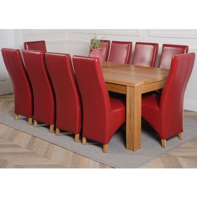 Dakota Extra Large Oak Dining Table with 10 Lola Burgundy Leather Chairs