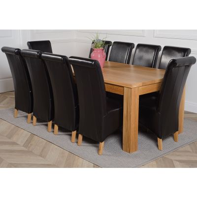 Dakota Extra Large Oak Dining Table with 10 Montana Black Leather Chairs