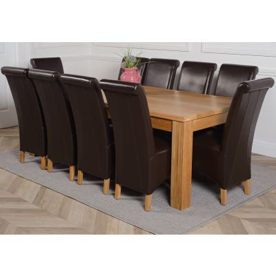 Dakota Extra Large Oak Dining Table with 10 Montana Brown Leather Chairs