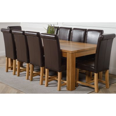 Dakota Extra Large Oak Dining Table with 10 Washington Brown Leather Chairs