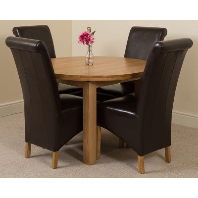 Edmonton Round Extendable Oak Dining Set with 4 Montana Brown Leather Chairs