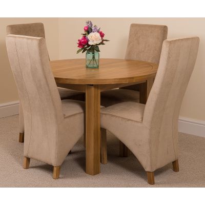 Edmonton Round Extendable Oak Dining Set with 4 Lola Beige Fabric Chairs