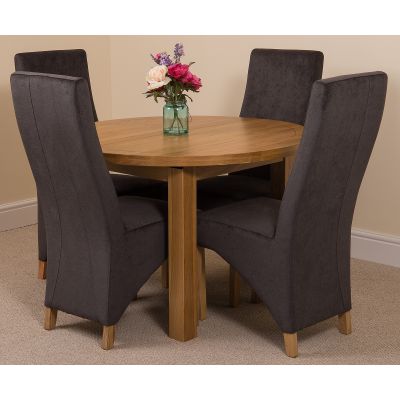 Edmonton Round Extendable Oak Dining Set with 4 Lola Black Fabric Chairs