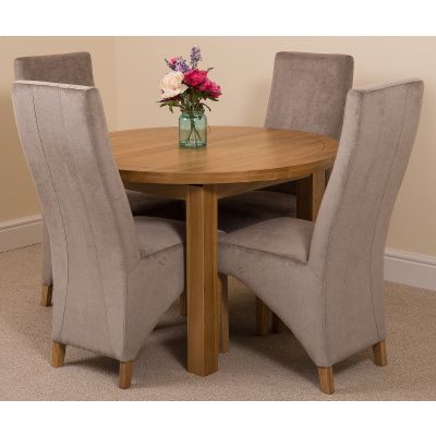 Edmonton Round Extendable Oak Dining Set with 4 Lola Grey Fabric Chairs