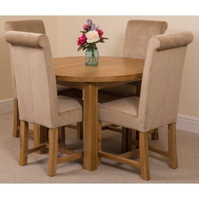 Edmonton Round Extendable Oak Dining Set with 4 Washington Beige Fabric Chairs