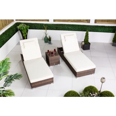 2 x Rattan Garden Sunloungers & Side Table - Brown