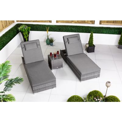 2 x Rattan Garden Sunloungers & Side Table - Grey
