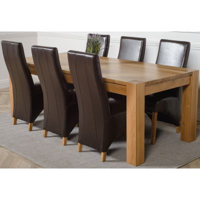 Kuba Extra Large Oak Dining Table with 6 Lola Brown Leather Chairs