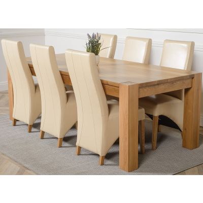 Kuba Extra Large Oak Dining Table with 6 Lola Ivory Leather Chairs