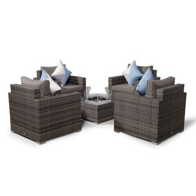 Sydney Rattan 4 Seater Armchair Conversation Set With Square Ice Bucket Coffee Table - Grey