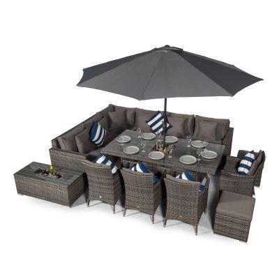 Havana - Modular 10 Seat Drinks Cooler Rattan Corner Sofa Dining Set With Padded Dining Chairs, Stools & Coffee Table - Grey