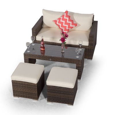 Sydney 2 Seater Sofa Loveseat With Coffee Table & 2 Stools - Brown