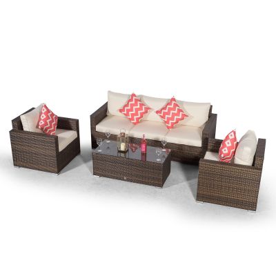 Sydney 5 Seater Sofa & Armchair Conversation Set With Coffee Table - Brown