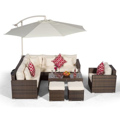 Havana L Shape Modular 6 Seat Rattan Corner Sofa Set With Armchair, Coffee Table & 2 Stools - Brown
