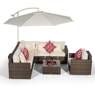 Havana L Shape Modular 6 Seat Rattan Corner Sofa Set With Armchair & Drinks Cooler Coffee Table - Brown