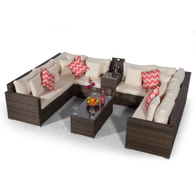 Havana U Shape Modular 8 Seat Rattan Sofa Set With Armrest Drinks Cooler & Coffee Table - Brown