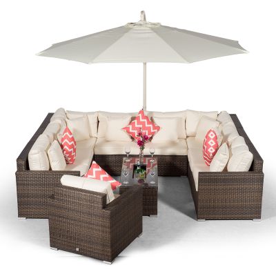 Havana U Shape Modular 9 Seat Rattan Sofa Set With Armchair & Large Drinks Cooler Coffee Table - Brown